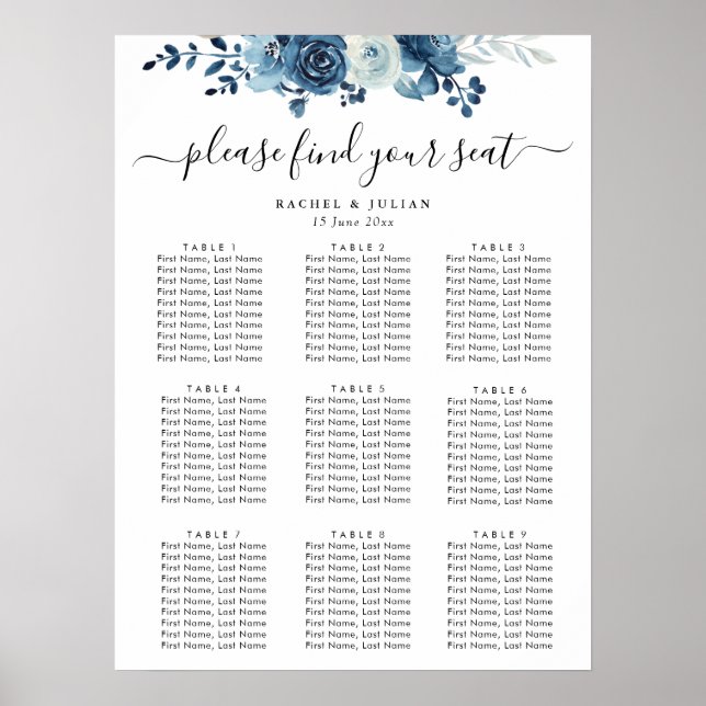Affiche Carte des sièges mariages à fleurs bleu aquarelle (Devant)