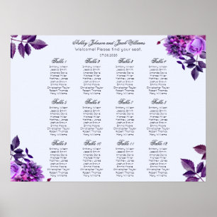 Affiche Carte des sièges mariages aux fleurs violettes. Fl