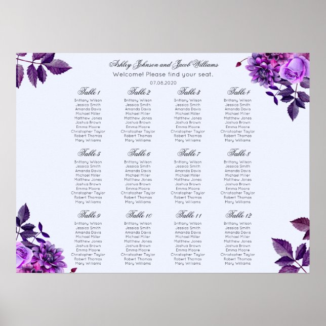 Affiche Carte des sièges mariages aux fleurs violettes. Fl (Devant)