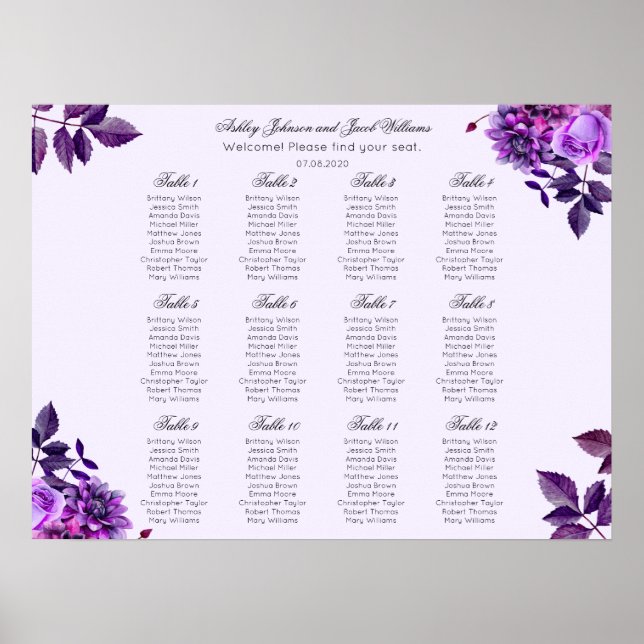 Affiche Carte des sièges mariages aux fleurs violettes. Li (Devant)