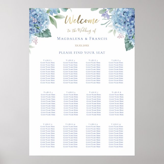 Affiche carte des sièges mariages bleu hydrangea (Devant)