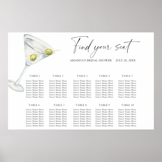 Affiche Carte des sièges Mariages de cocktail Dry Martinis (Devant)