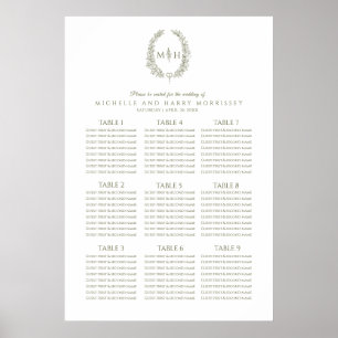 Affiche Carte des sièges mariages en feuille blanc vert