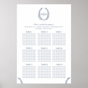 Affiche Carte des sièges mariages en feuille bleu et blanc