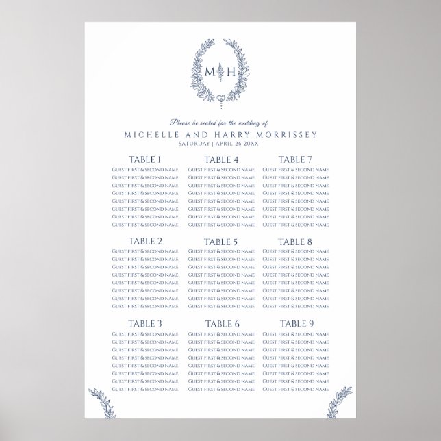 Affiche Carte des sièges mariages en feuille bleu et blanc (Devant)
