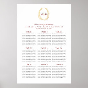 Affiche Carte des sièges mariages feuilles en couronne rou