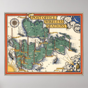 Affiche Carte des stations sans fil des Postes, Grande-Bre