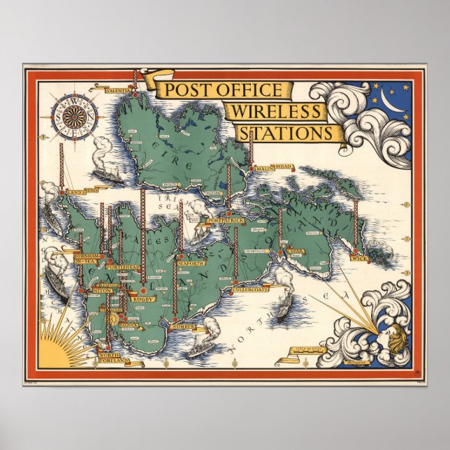 Affiche Carte des stations sans fil des Postes, Grande-Bre (Devant)