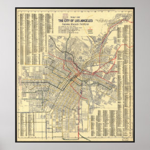 Affiche Carte des transports en commun de Los Angeles en 1