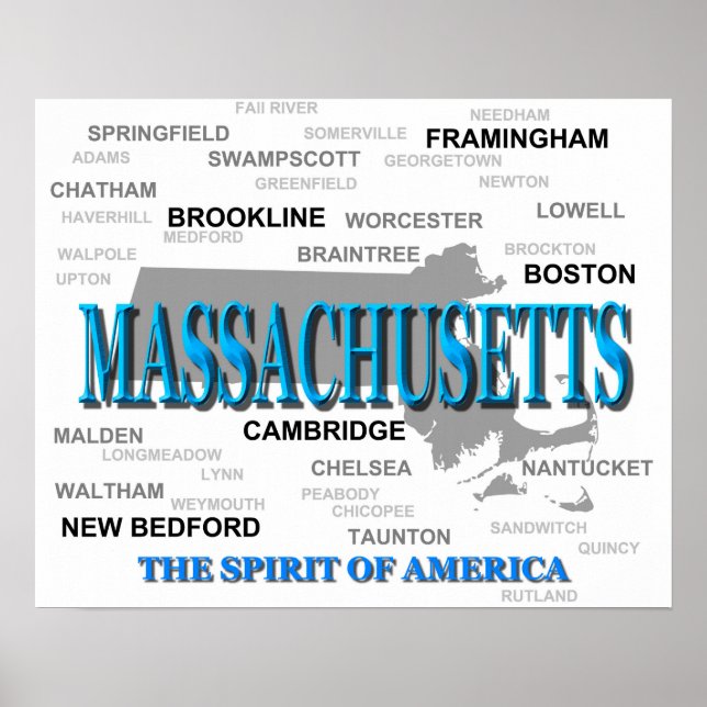 Affiche Carte des villes et villes du Massachusetts State  (Devant)
