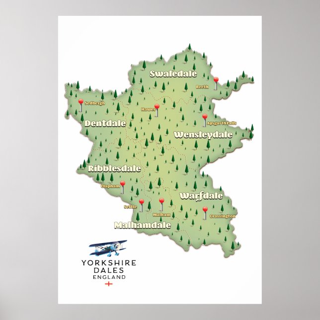 Affiche carte des Yorkshire Dales Angleterre (Devant)