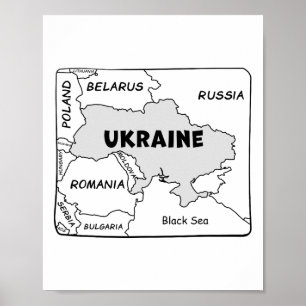 Affiche Carte dessinée à la main en ligne noire de l'Ukrai
