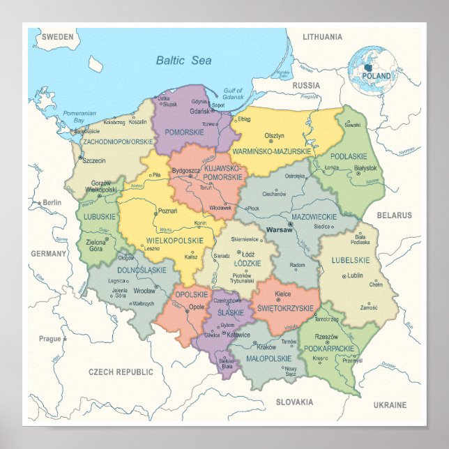 Affiche Carte détaillée de la Pologne (Devant)