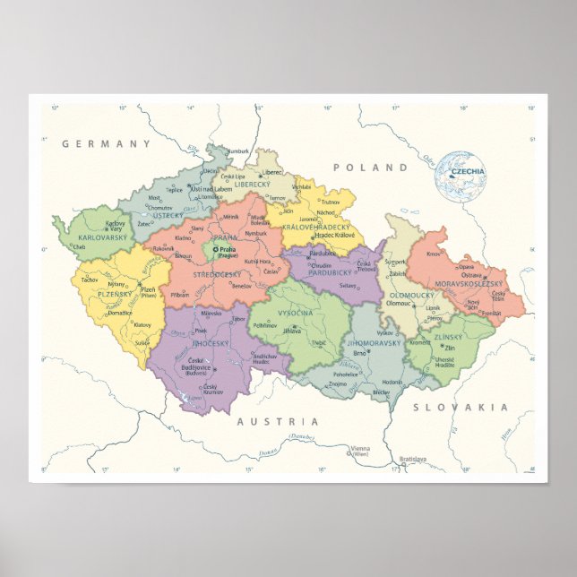 Affiche Carte détaillée de la République tchèque (Devant)