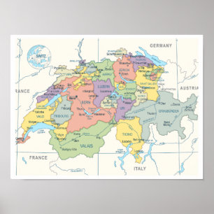 Affiche Carte détaillée de la Suisse