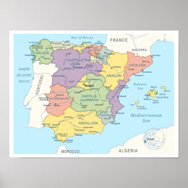 Affiche Carte détaillée de l'Espagne (Devant)