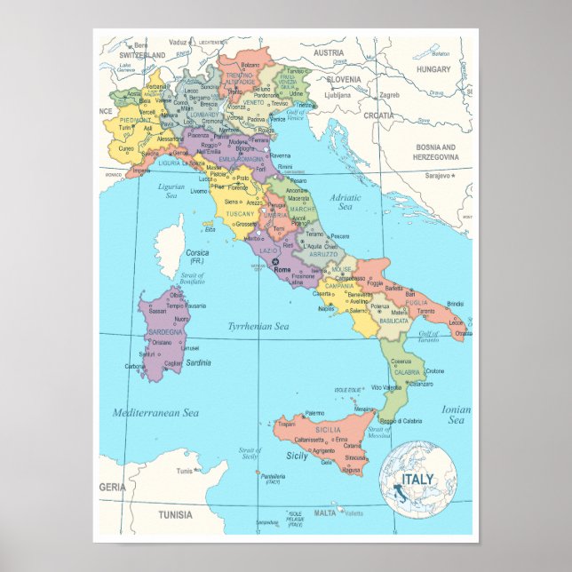 Affiche Carte détaillée de l'Italie (Devant)