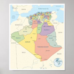 Affiche Carte détaillée des régions d'Algérie