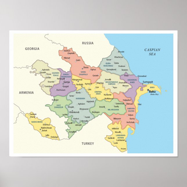 Affiche Carte détaillée des régions d'Azerbaïdjan (Devant)