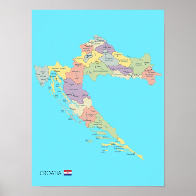 Affiche Carte détaillée des régions de Croatie (Devant)
