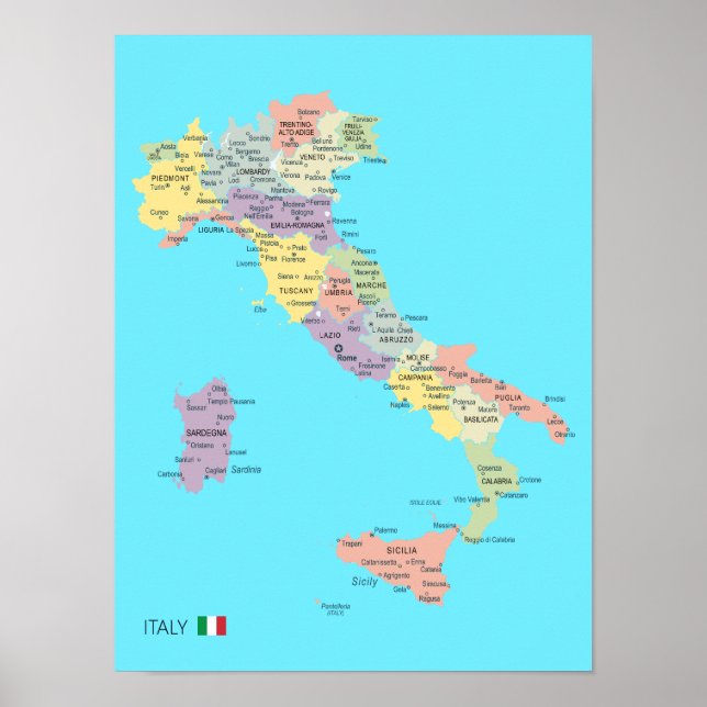 Affiche Carte détaillée des régions d'Italie (Devant)