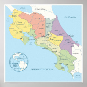 Affiche Carte détaillée des régions du Costa Rica