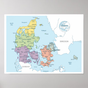 Affiche Carte détaillée du Danemark