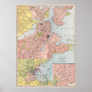 Affiche Carte détaillée vintage de la ville de Boston 1912
