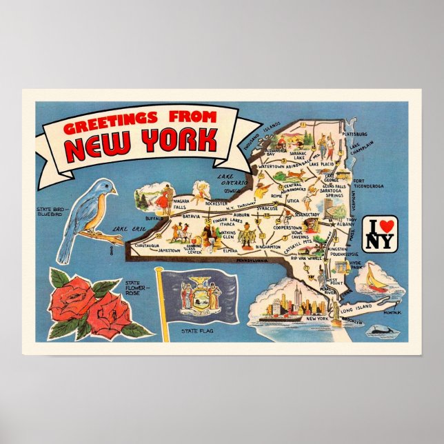 Affiche Carte d'état vintage New York 18x12 Imprimer (Devant)