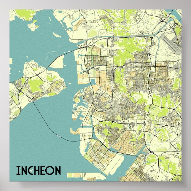 Affiche Carte d'Incheon, Corée du Sud (Devant)
