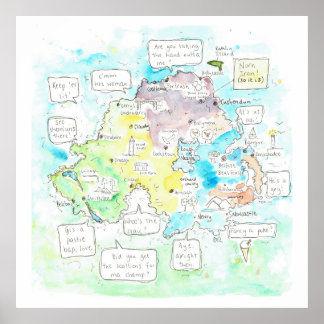 Affiche Carte d'Irlande du Nord excentrique avec des mots.