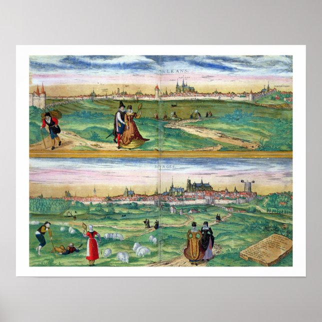 Affiche Carte d'Orléans et Bourges, de 'Civitates Orbis (Devant)