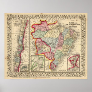 Affiche Carte du Brésil, Bolivie, Paraguay, Uruguay par