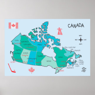 Affiche Carte du Canada dessinée à la main avec illustrati