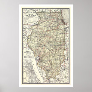 Affiche Carte Du Chemin De Fer De L'Illinois 1898