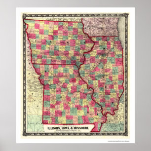 Affiche Carte du chemin de fer Illinois Iowa Missouri 1859