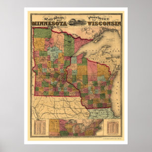 Affiche Carte du chemin de fer Minnesota & Wisconsin 1871