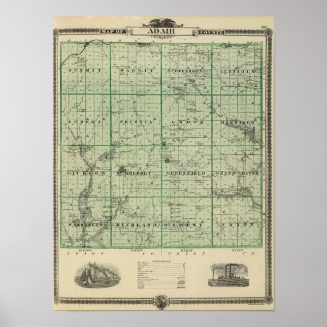 Affiche Carte du comté d'Adair, État de l'Iowa (Devant)