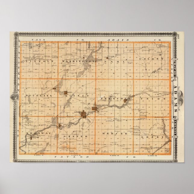 Affiche Carte du comté d'Adams, État de l'Iowa (Devant)