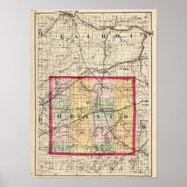 Affiche Carte du comté de Branch, Michigan (Devant)
