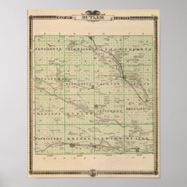 Affiche Carte du comté de Butler, État de l'Iowa (Devant)