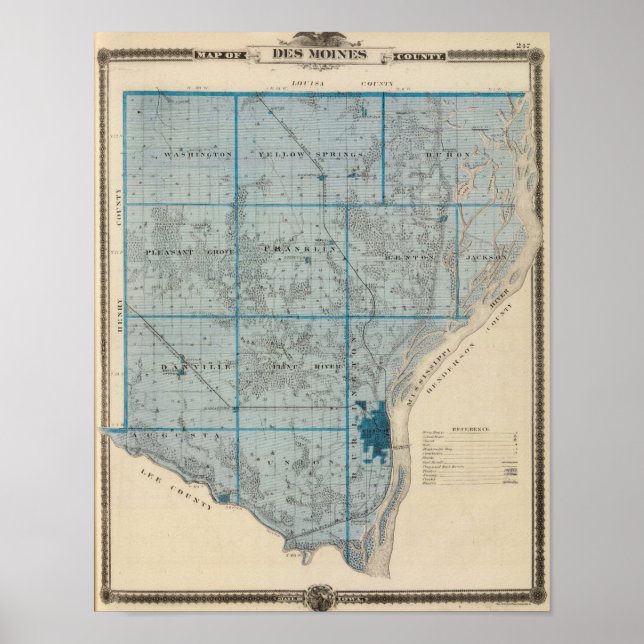 Affiche Carte du comté de Des Moines, État de l'Iowa (Devant)