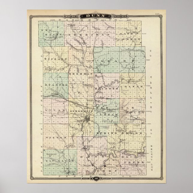 Affiche Carte du comté de Dunn, État du Wisconsin (Devant)