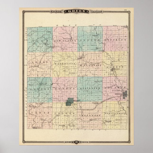 Affiche Carte du comté de Green, État du Wisconsin (Devant)