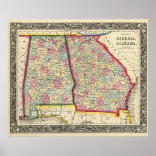 Affiche Carte du comté de la Géorgie, et de l'Alabama