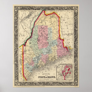 Affiche Carte Du Comté De L'État Du Maine
