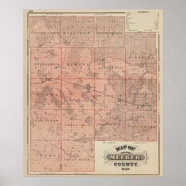 Affiche Carte du comté de Meeker, Minnesota (Devant)