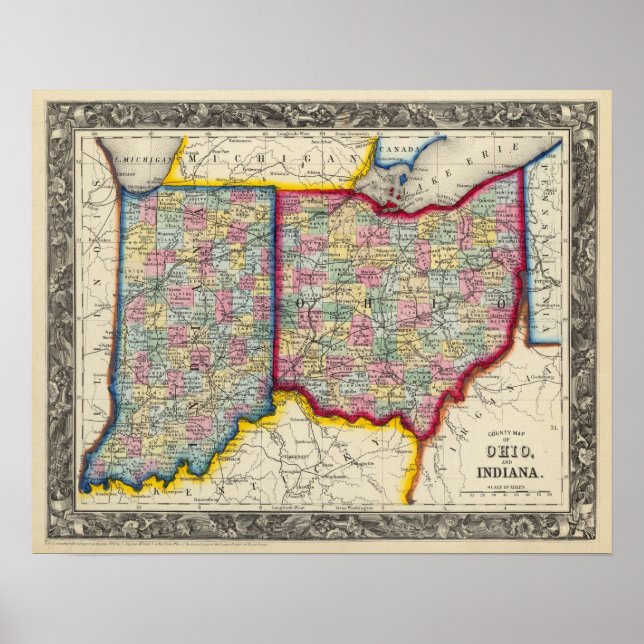 Affiche Carte Du Comté De Ohio Et Indiana (Devant)
