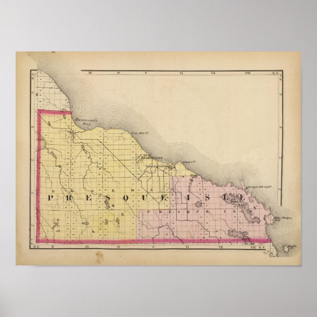 Affiche Carte du comté de Presque Isle, Michigan (Devant)