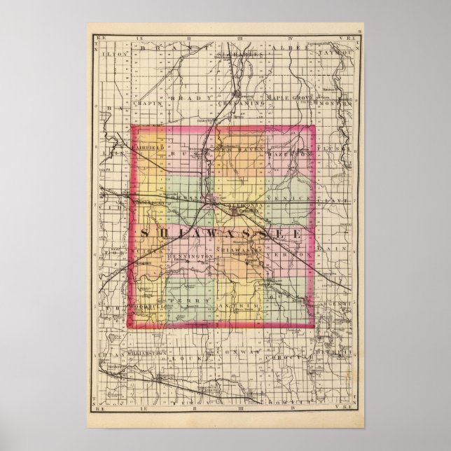 Affiche Carte du comté de Shiawassee, Michigan (Devant)